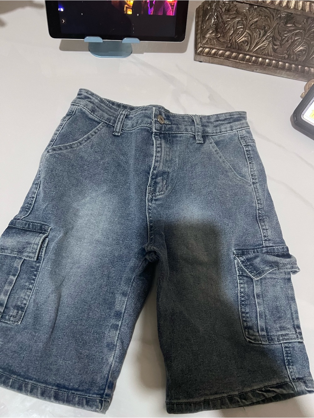 Boys Washed Blue Denim Cargo Shorts